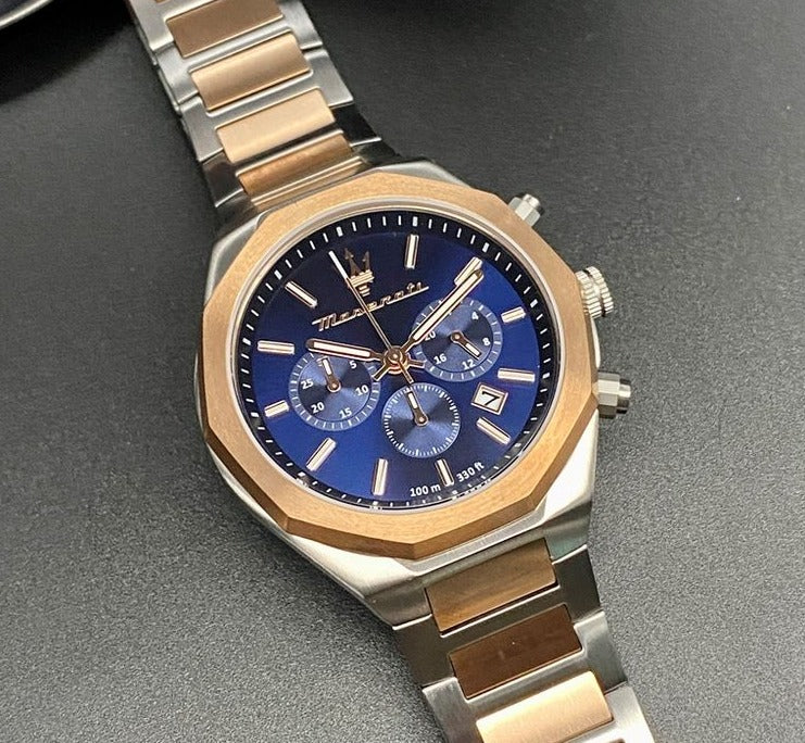 Maserati Stile Chronograph Blue Dial Rose Gold Two Tone Strap Watch For Men - R8873642002