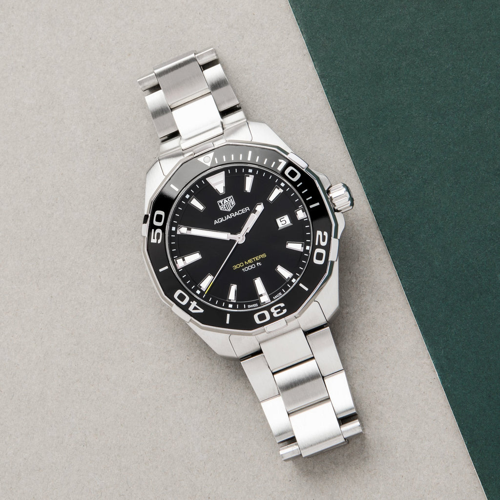 Tag Heuer Aquaracer Quartz Black Dial Silver Steel Strap Watch for Men - WAY101A.BA0746