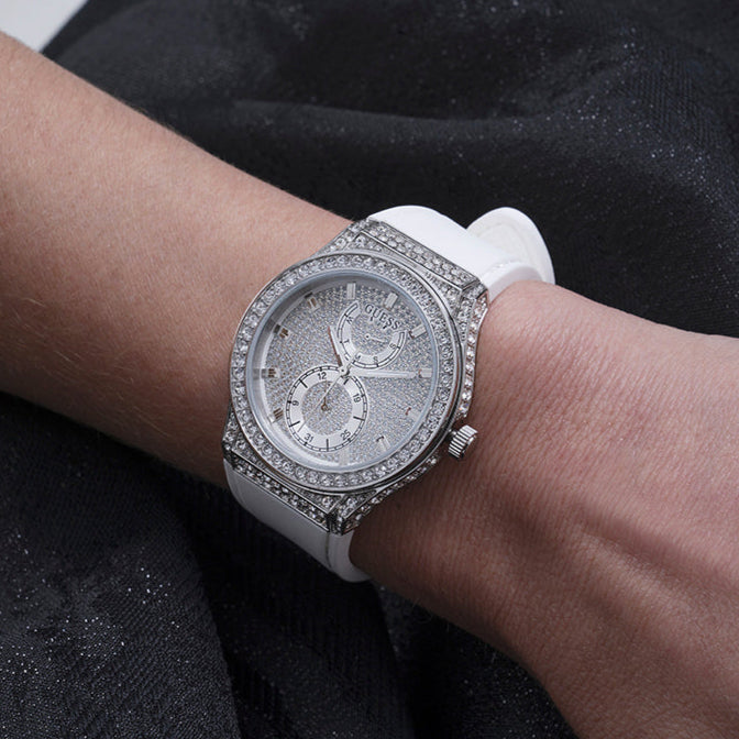 Guess Princess Crystals Silver Dial White Silicone Strap Watch For Women - GW0439L1
