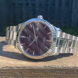 Tudor Style Automatic Burgundy Red Dial Silver Steel Strap Watch for Men - M12710-0015