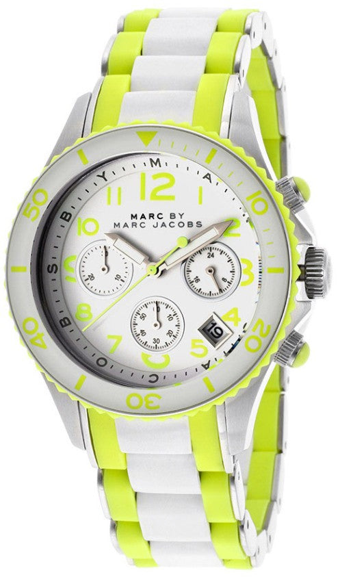 Marc Jacobs Rock Chronograph White Dial White & Green Silicone Strap Watch for Women - MBM2592