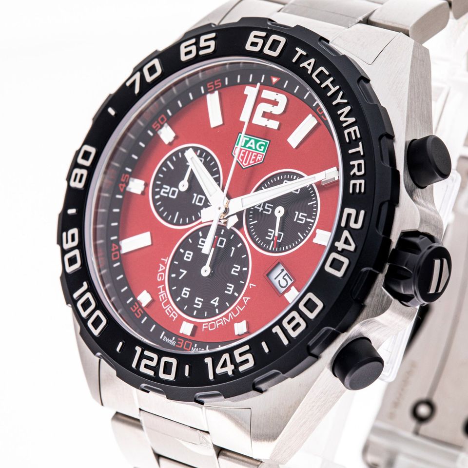 Tag Heuer Formula 1 Chronograph Red Dial Silver Steel Strap Watch for Men - CAZ101AN.BA0842
