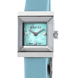 Gucci G-Frame Pastel Blue Mother of Pearl Dial Blue Leather Strap Watch For Women - YA128531