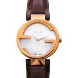 Gucci G Interlocking Mother of Pearl Dial Brown Leather Strap Watch For Women - YA133516