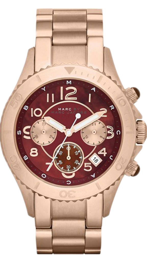 Marc Jacobs Rock Chronograph Mother of Pearl Red Dial Rose Gold Steel Strap Unisex Watch - MBM3251