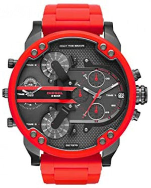 Diesel Mr Daddy 2.0 Chronograph Black Dial Red Silicone Strap Watch For Men - DZ7370