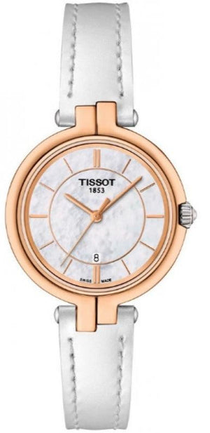 Tissot T Lady Flamingo Mother of Pearl White Dial White Leather Strap Watch For Women - T094.210.26.111.01