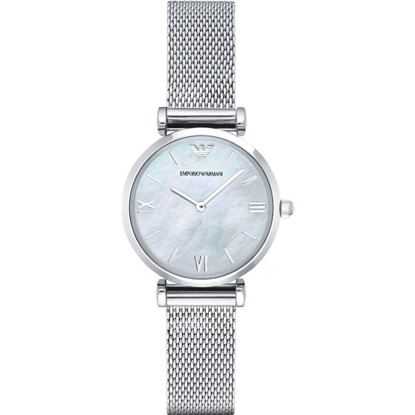 Emporio Armani Gianni T Bar Mother of Pearl Dial Silver Steel Strap Watch For Women - AR1955