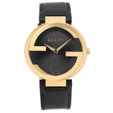 Gucci Interlocking G Gold Black Dial Black Leather Strap Unisex Watch - YA133326