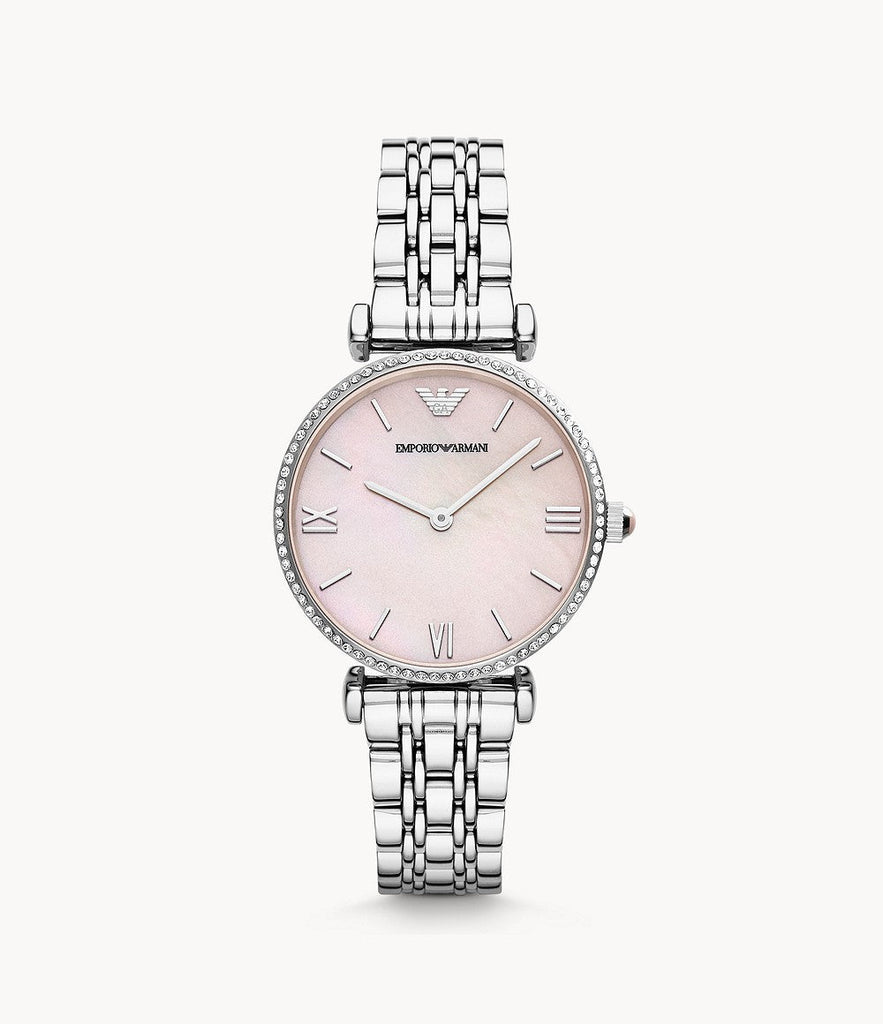 Emporio Armani Gianni T Bar Pink Mother of Pearl Dial Silver Steel Strap Watch For Women - AR1779