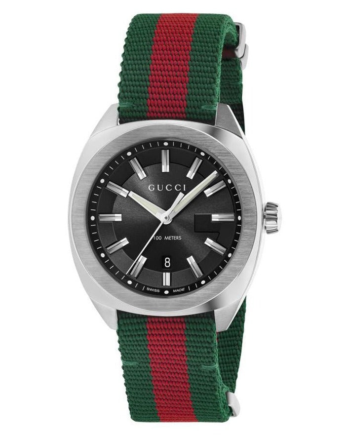 Gucci GG2570 Quartz Black Dial Green & Red Nylon Strap Watch For Men - YA142305