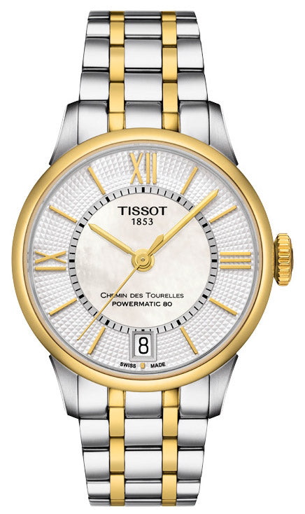 Tissot Chemin Des Tourelles Powermatic 80 Lady Mother of Pearl White Dial Two Tone Steel Strap Watch For Women - T099.207.22.118.00