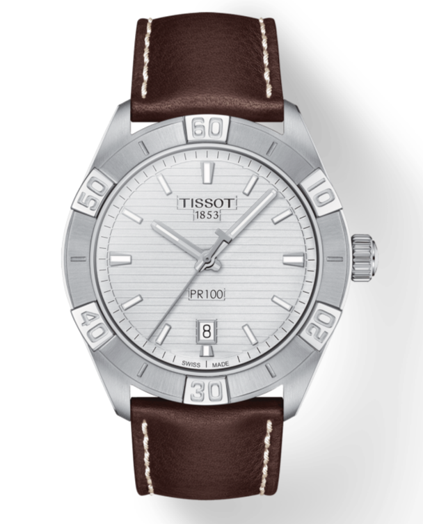 Tissot PR 100 Sport Silver Dial Brown Leather Strap Watch For Men - T101.610.16.031.00