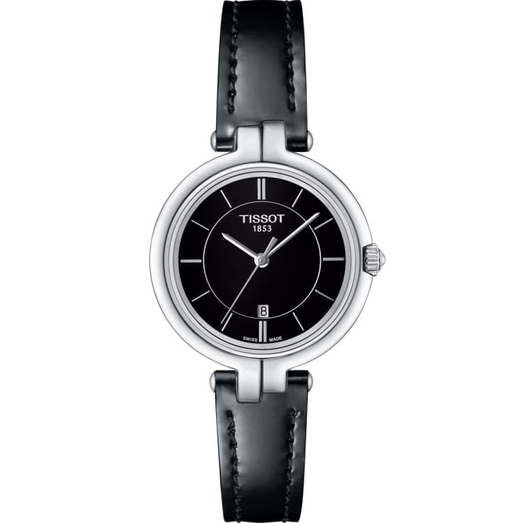 Tissot T Lady Flamingo Black Dial Black Leather Strap Watch For Women - T094.210.16.051.00