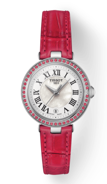 Tissot Bellissima Small Lady Diamonds Mother of Pearl Dial Red Leather Strap Watch For Women - T126.010.66.113.00