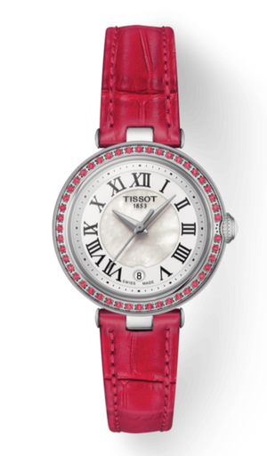 Tissot Bellissima Small Lady Diamonds Mother of Pearl Dial Red Leather Strap Watch For Women - T126.010.66.113.00