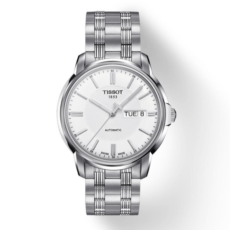 Tissot Automatics III Day Date White Dial Silver Steel Strap Watch For Men - T065.430.11.031.00