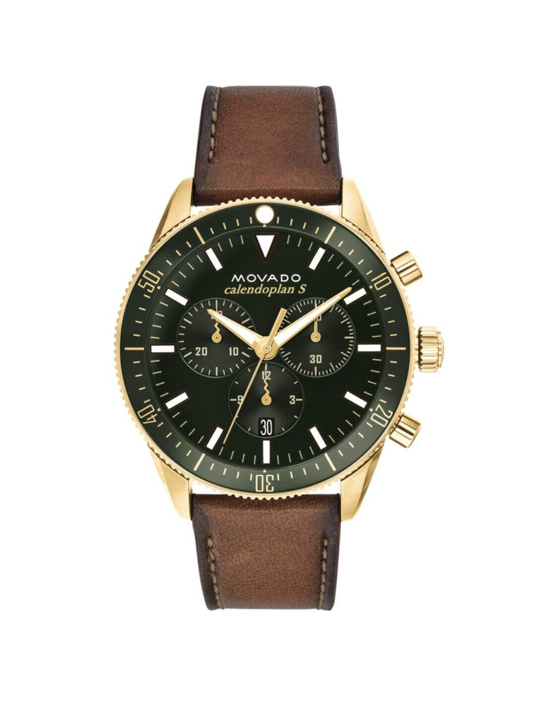 Movado Heritage Chronograph Green Dial Brown Leather Strap Watch For Men - 3650062