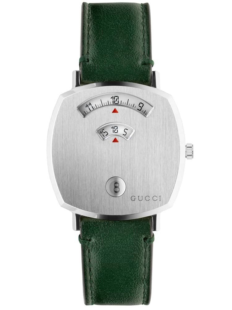 Gucci Grip Quartz Silver Dial Green Leather Strap Unisex Watch - YA157406