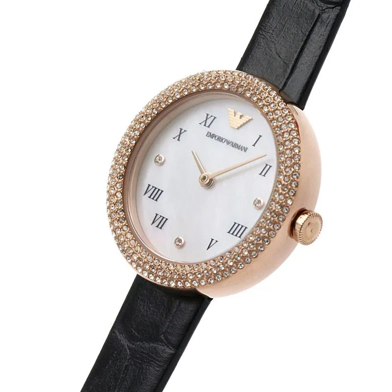 Emporio Armani Rosa Quartz Mother Of Pearl White Dial Black Leather Strap Watch For Women - AR11356