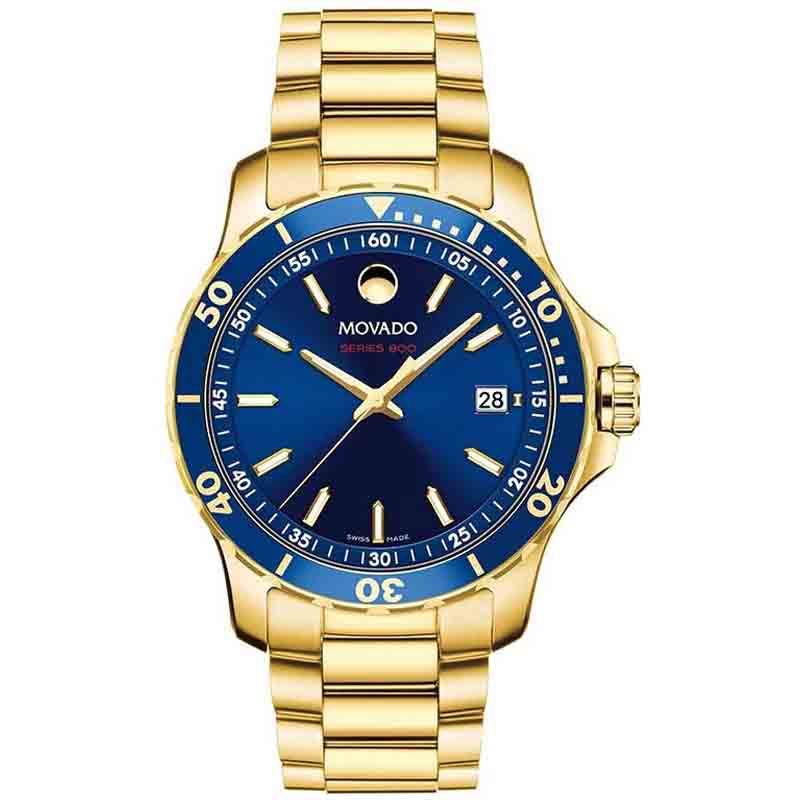 Movado Series 800 Blue Dial Gold Steel Strap Watch For Men - 2600144