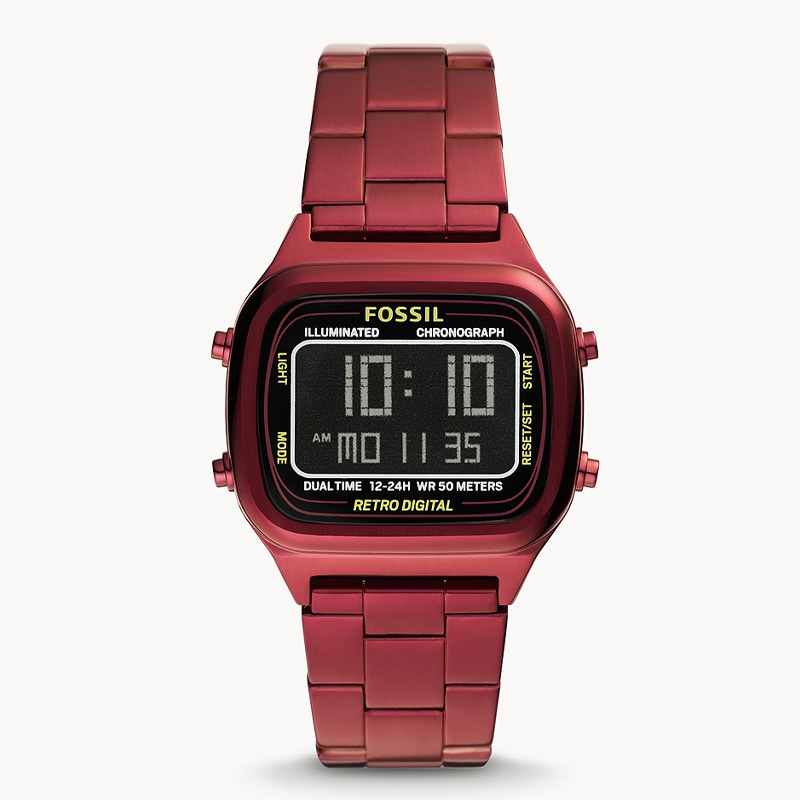 Fossil Retro Analog-Digital Black Dial Red Steel Strap Watch for Men - FS5897