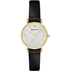Emporio Armani Gianni T-Bar Quartz Mother of Pearl Dial Black Leather Strap Watch For Women - AR1910