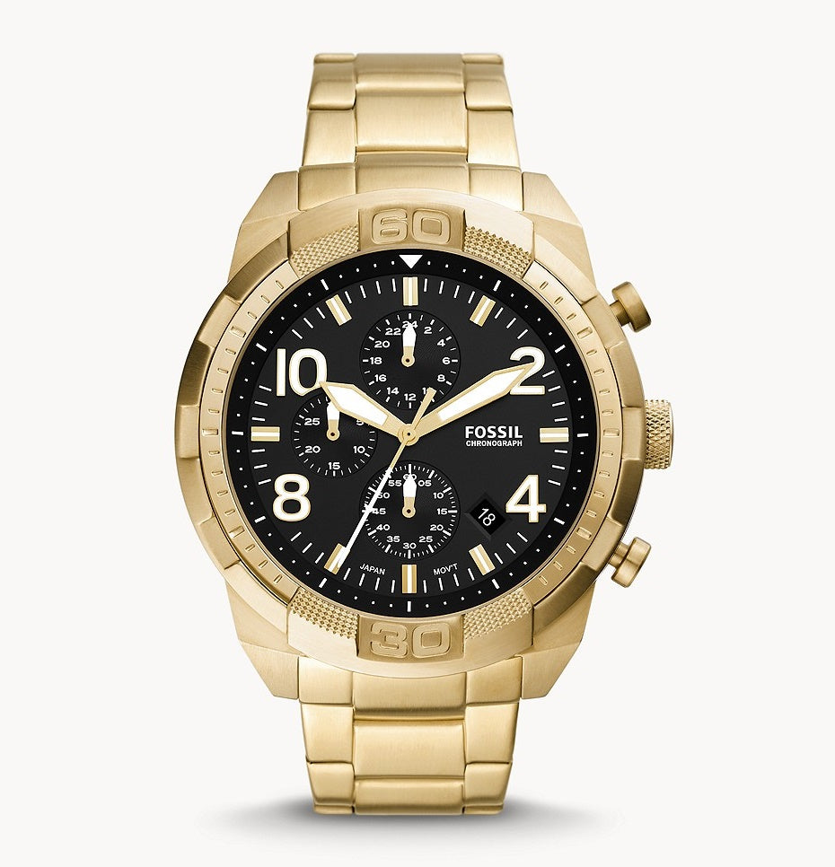 Fossil Bronson Chronograph Black Dial Gold Steel Strap Watch for Men - FS5877