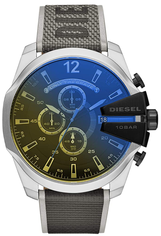 Diesel Mega Chief Chronograph Black Dial Grey Nylon Strap Watch For Men - DZ4523