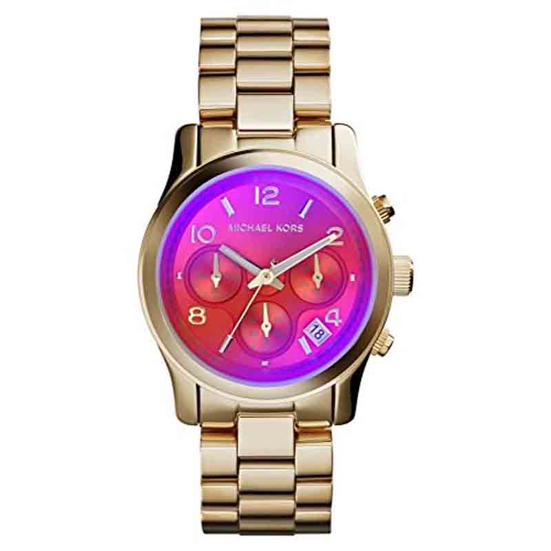 Michael Kors Runway Iridescent Pink Dial Gold Steel Strap Watch for Women - MK5939