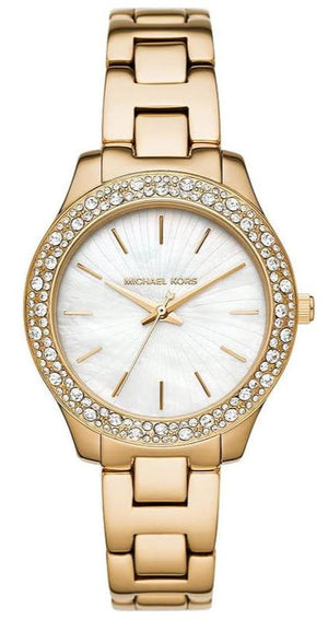Michael Kors Liliane Mother of Pearl White Dial Gold Steel Strap Watch For Women - MK4555
