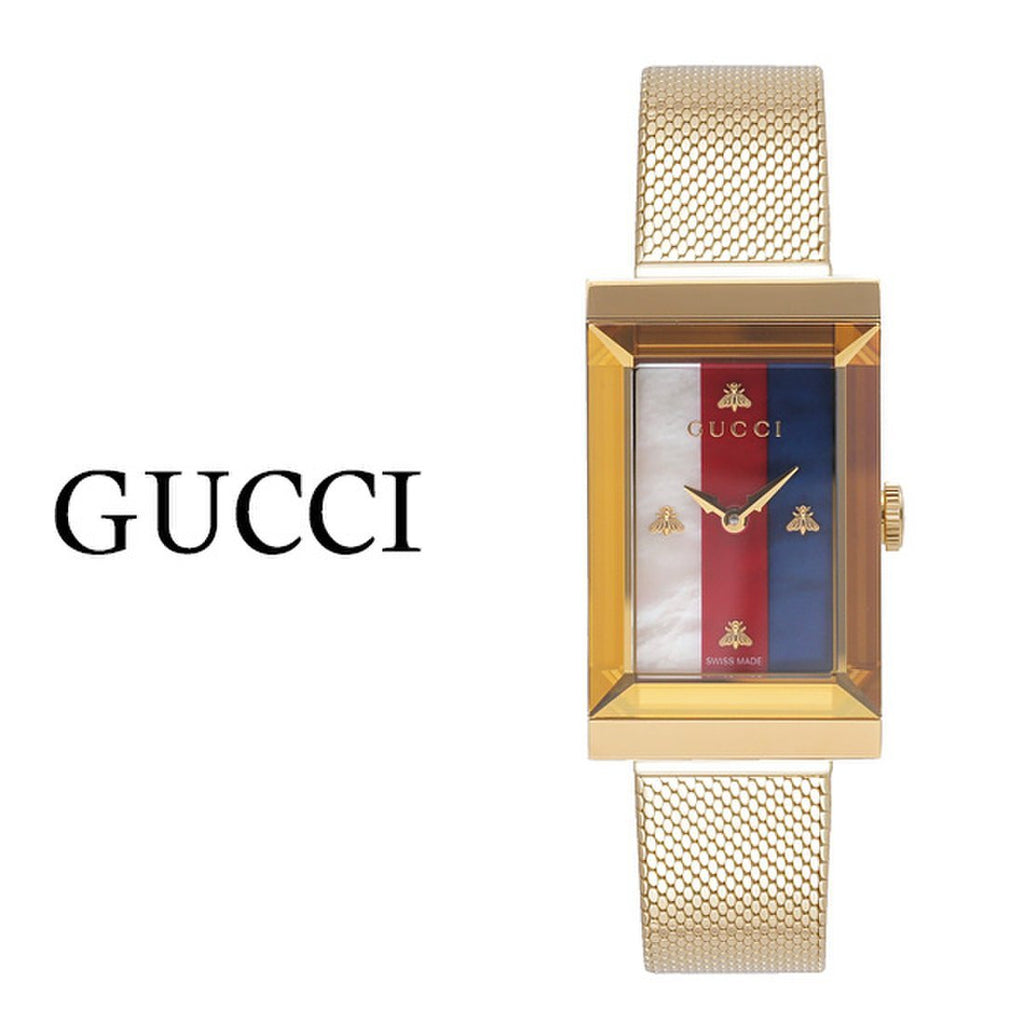 Gucci G-Frame Mother of Pearl Dial Yellow Gold Mesh Bracelet Watch For Women - YA147410