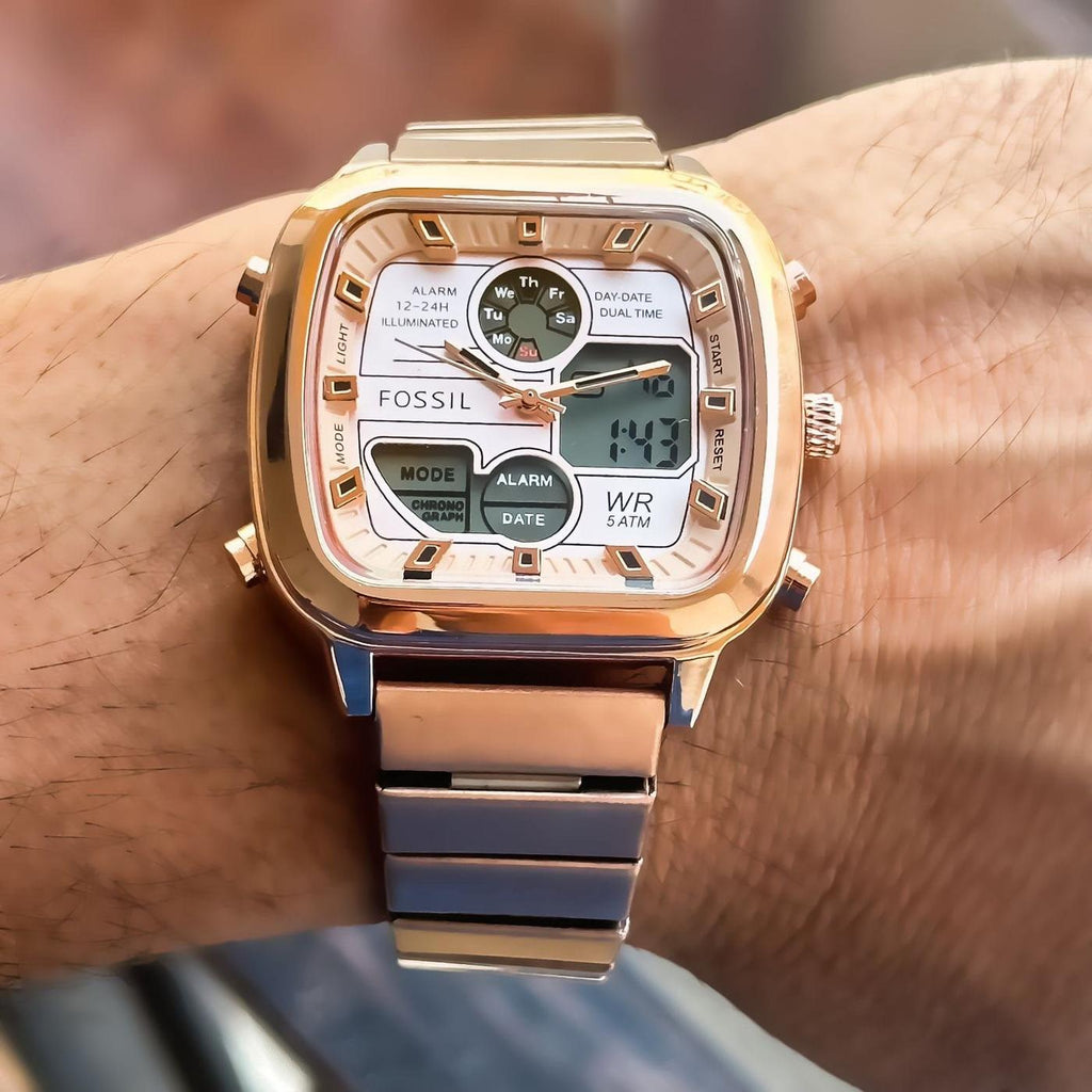 Fossil Retro Analog-Digital Gold Dial Gold Steel Strap Watch for Men - FS5889