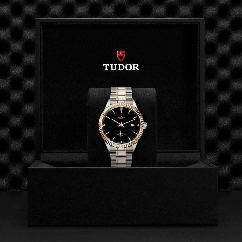 Tudor Style Automatic Diamonds Black Dial Two Tone Steel Strap Watch for Men - M12713-00011