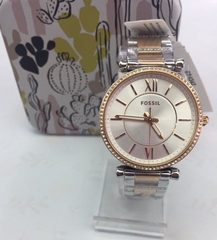 Fossil Carlie Silver Dial Two Tone Steel Strap Watch for Women - ES4342