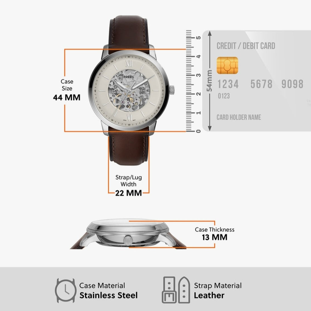 Fossil Neutra Automatic Skeleton White Dial Brown Leather Strap Watch for Men - ME3184