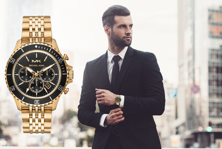 Michael Kors Bayville Chronograph Black Dial Gold Steel Strap Watch For Men - MK8726