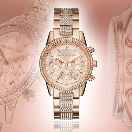Michael Kors Ritz Chronograph Rose Gold Dial Rose Gold Steel Strap Watch For Women - MK6485
