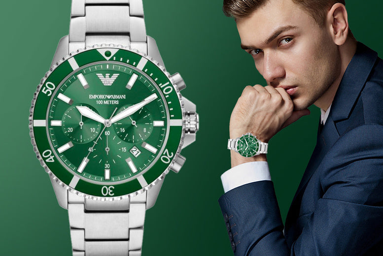 Emporio Armani Diver Chronograph Green Dial Silver Steel Strap Watch For Men - AR11500