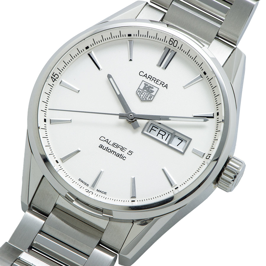 Tag Heuer Carrera Calibre 5 Automatic White Dial Silver Steel Strap Watch for Men - WAR201B.BA0723