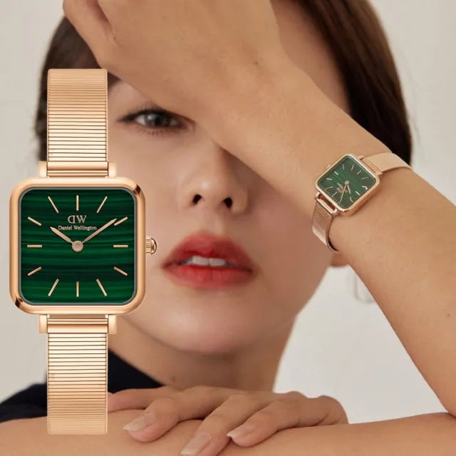 Daniel Wellington Quadro Studio Green Dial Rose Gold Mesh Strap Watch For Women - DW00100520