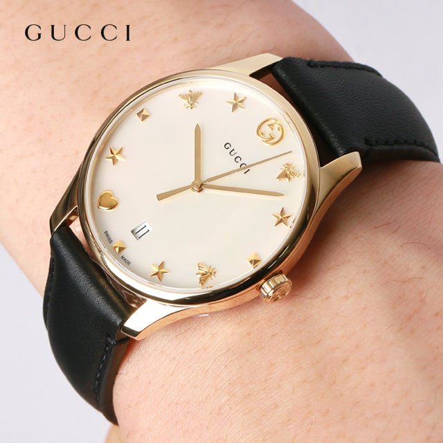 Gucci G-Timeless Mother of Pearl Dial Black Leather Strap Watch For Women - YA126589