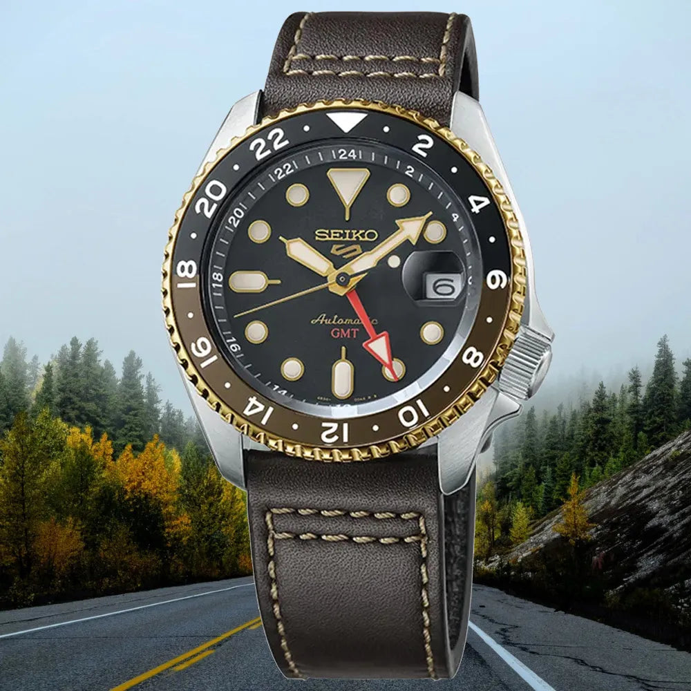 Seiko 5 Sports SKX GMT Automatic Mocha Black Dial Brown Leather Strap Watch For Men - SSK036K1