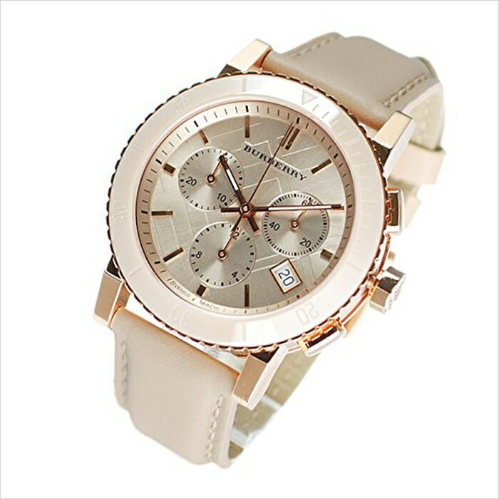 Burberry Chronograph Rose Gold Dial Beige Leather Strap Watch for Women - BU9704