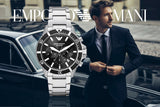 Emporio Armani Diver Chronograph Quartz Black Dial Silver Steel Strap Watch For Men - AR11360