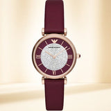Emporio Armani Gianni T Bar Crystals Maroon Dial Maroon Leather Strap Watch for Women - AR11487