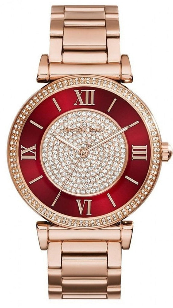 Michael Kors Caitlin Red Dial Rose Gold Stainless Steel Strap Watch for Women - MK3377