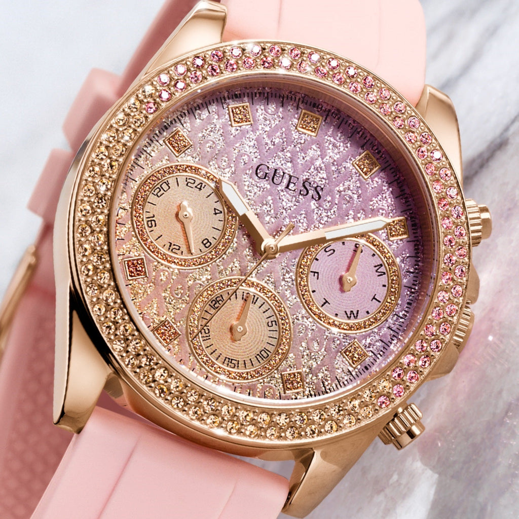Guess Sparkling Chronograph Crystals Pink Dial Pink Silicone Strap Watch For Women - GW0032L4
