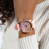 Guess Sparkling Chronograph Crystals Pink Dial Pink Silicone Strap Watch For Women - GW0032L4