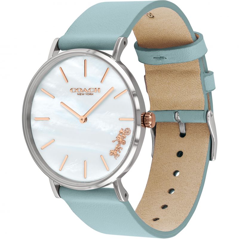 Coach Perry Mother of Pearl White Dial Blue Leather Strap Watch for Women - 14503271